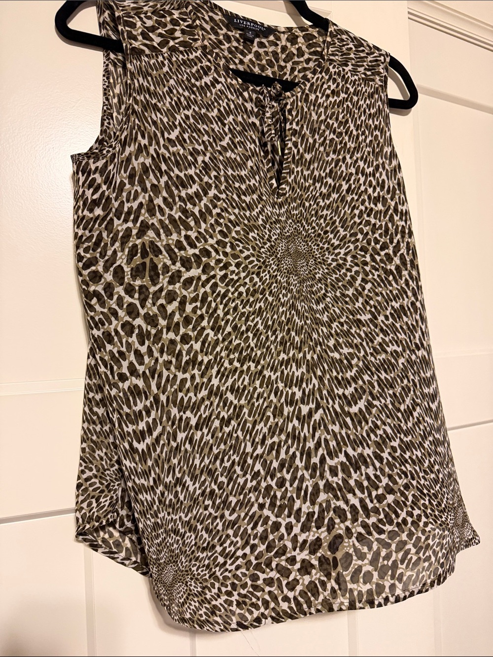 Liverpool Olive & White Animal-Print Sleeveless Keyhole Top